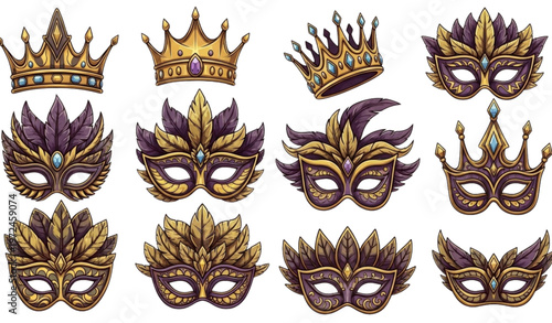 A set of ornate masquerade masks and crowns in gold and purple