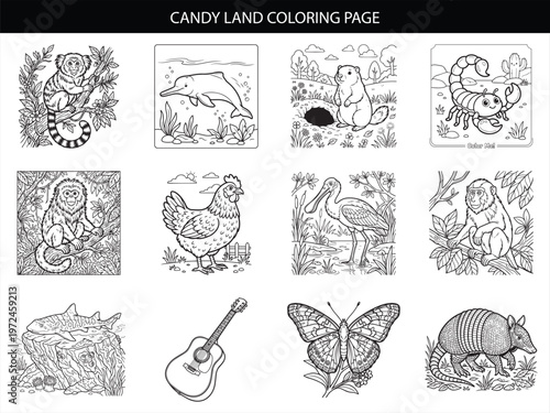 Candy land coloring page featuring monkey dolphin beaver scorpion chicken bird shark guitar butterfly and armadillo illustrations