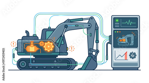Industrial excavator with digital interface technology.