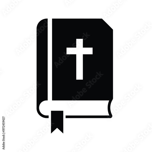 A simplistic black and white illustration depicts a closed book with a prominent christian cross symbol on its cover