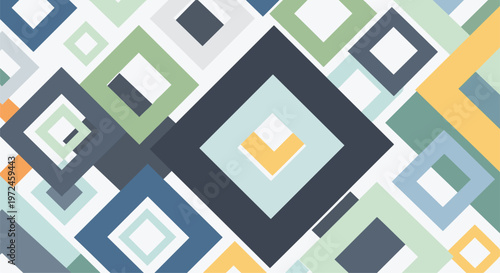 Seamless abstract pattern of overlapping geometric diamonds and squares in a sophisticated palette of muted, cool colors, creating a modern design.