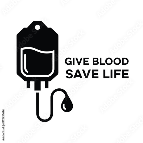 A simple black icon depicts a blood bag with a drop promoting blood donation and saving lives