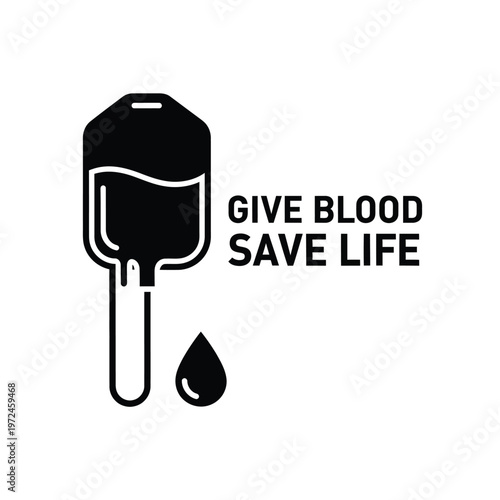 A simple black icon depicts a blood bag with a dripping drop alongside text promoting blood donation