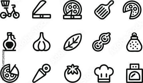 Pizza restaurant equipment and delivery icons set with oven delivery bike pizza box peel cutter garlic tomato olive oil and chef hat cad drawing flat vector illustration