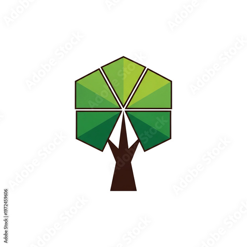 Polygonal tree icon with geometric leaves and trunk.