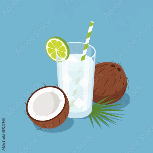 Refreshing coconut drink with lime slice.
