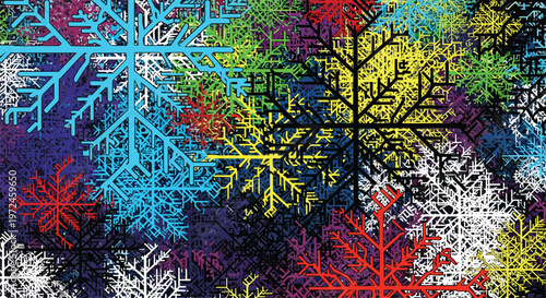 Abstract background featuring a multitude of colorful, complex fractal snowflake-like shapes scattered across a deep dark backdrop, creating a festive display.