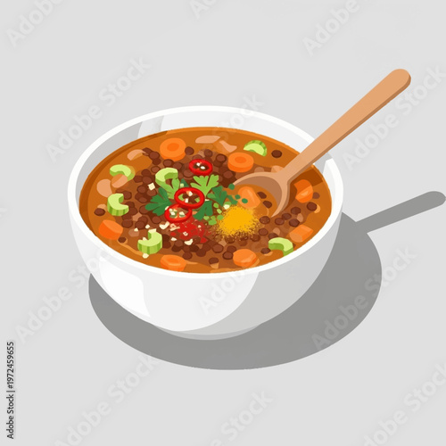 A bowl of chili with vegetables.