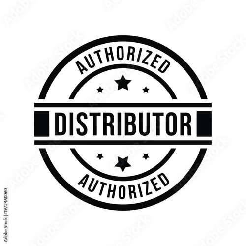 A black and white circular badge declares authorized distributor with decorative stars and bold lettering high quality