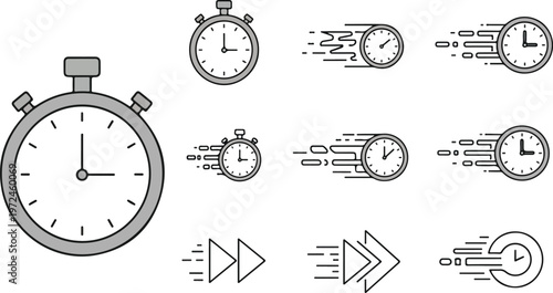 Stopwatch and fast time icons set for speed, deadline, and countdown concepts