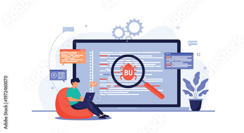 Software developer sits on a beanbag chair and uses a laptop to debug code displayed on a large screen with a magnifying glass icon.