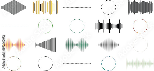 Digital audio wave collection featuring 20 sound frequency elements, modern music equalizer bars and circular voice recognition icons in vector format. Abstract sonic signal vibrations with