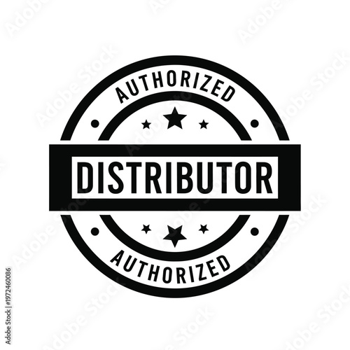 A circular black and white badge declares authorized distributor with stars and a bold design high quality professional detailed