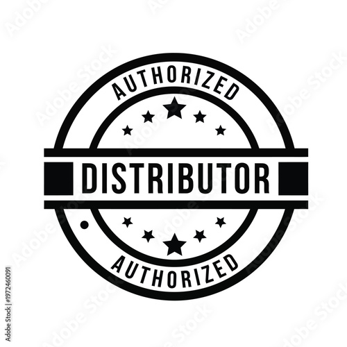 A circular black and white badge prominently displays the words authorized distributor with surrounding star details