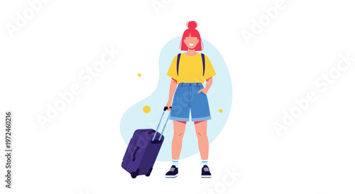 Young female traveler with pink hair stands confidently with her purple suitcase and backpack, ready for her next vacation or journey.