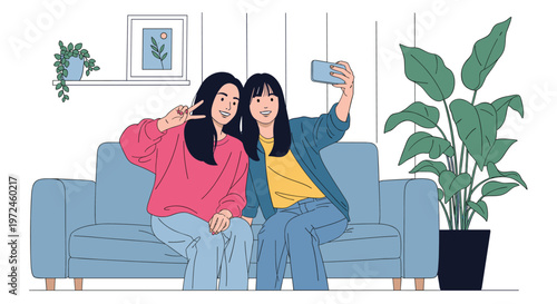 Best friends sit together on a blue sofa and capture a happy moment by taking a selfie with a smartphone in a cozy living room setting.