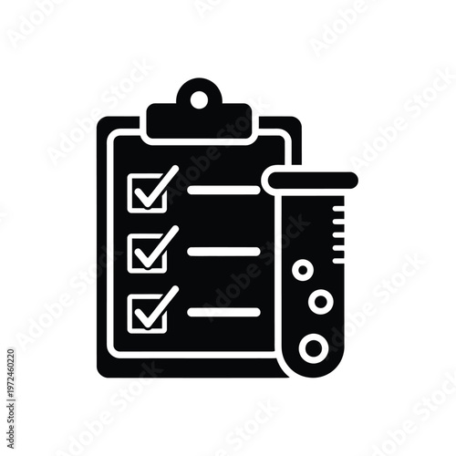 A black glyph depicting a clipboard with checkmarks and a test tube representing data or analysis