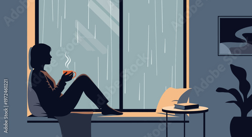 Cozy rainy day with person enjoying coffee