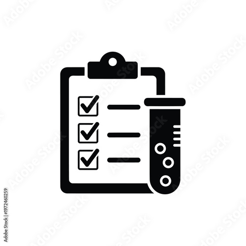 A black glyph depicting a clipboard with checkmarks and a test tube symbolizing medical research high quality