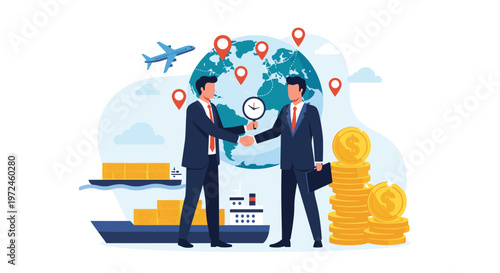 Business partners shake hands to seal a deal in front of a globe with location markers, representing global trade and international logistics.