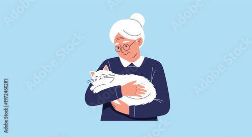 Kind elderly woman with white hair and glasses tenderly embraces her fluffy white cat against a soft blue background.