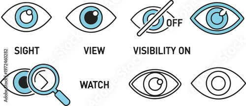 Eye and visibility icon set for view, search, watch, and privacy concepts
