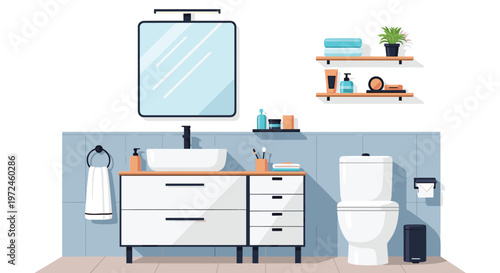 Clean and modern bathroom interior features a white vanity, sink, toilet, large mirror, and decorative shelves with towels and a potted plant.