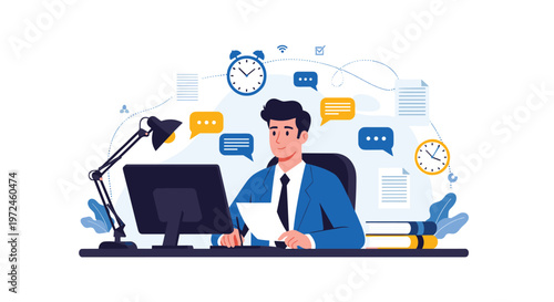 Busy businessman manages multiple tasks and deadlines, surrounded by clocks, documents, and messages while working at his office computer.