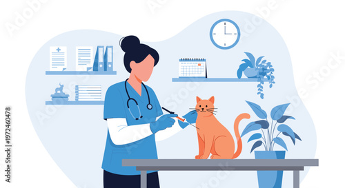 Veterinarian administering injection to an orange cat on examination table in clinic room.