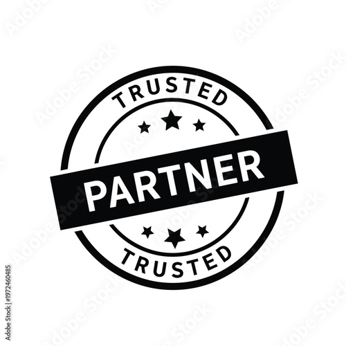 A circular black and white graphic displays the word trusted and partner with star embellishments high quality professional detailed