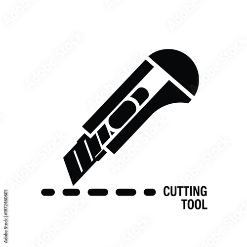 A simple black silhouette depicts a utility knife positioned above a dotted cutting line labeled high quality