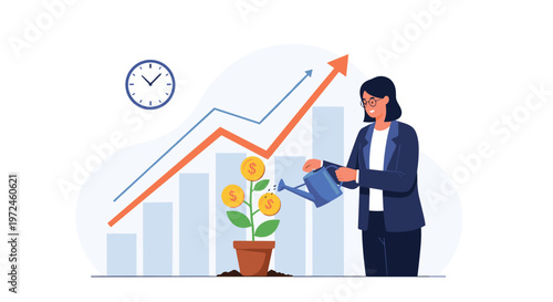 Successful businesswoman waters a money tree to represent financial growth, investment strategy, and effective wealth management over time.