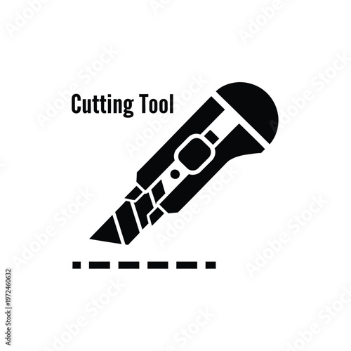 A black silhouette depicts a utility knife poised above a dashed cutting line on white high quality