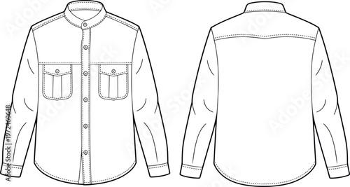 Technical flat sketch of a men's long sleeve mandarin collar shirt template featuring double chest flap pockets, curved hem, and back yoke for fashion CAD.