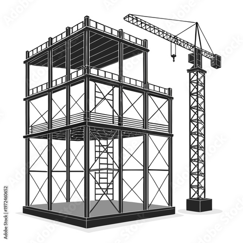 construction scaffolding silhouette vector icon, building support structure framework flat design isolated on white