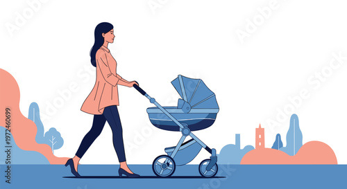 Young mother walks gracefully while pushing her baby in a modern blue stroller against a soft city skyline background at sunset.