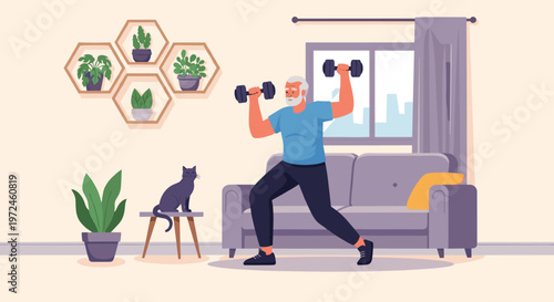 Active senior man with white hair practices weightlifting with dumbbells in his living room to maintain health and fitness at home.
