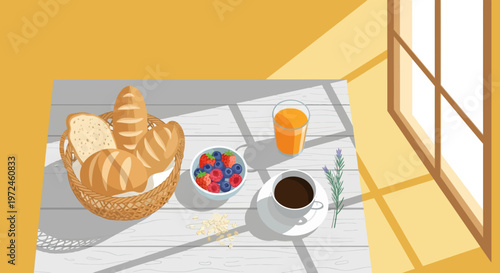 Breakfast Table with Bread Fruits Juice and Coffee