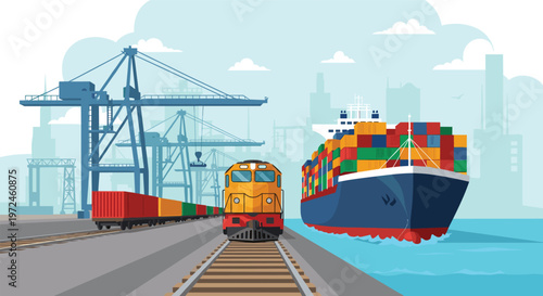 Intermodal transportation hub features a freight train and a large container ship being loaded at a busy port with industrial cranes.