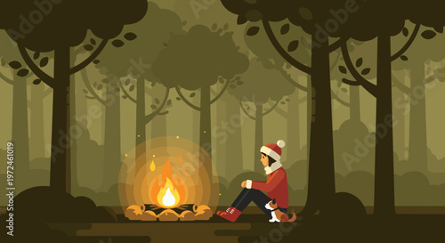 Santa Claus sitting by campfire in forest