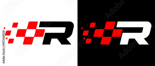 Racing-inspired R-letter logo with dynamic pixel blocks and start grid elements, conveying speed, power, and competition.