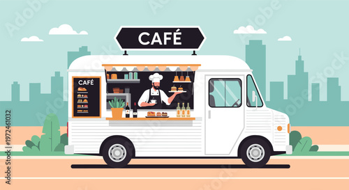 White coffee food truck parked in a city park serves hot drinks to customers against a backdrop of urban skyscrapers.