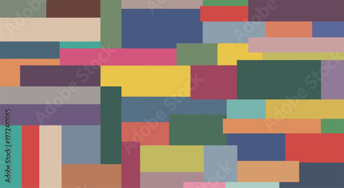 Seamless abstract pattern composed of a repeating mosaic of various sized and colored rectangles arranged like bricks, creating a modern design.