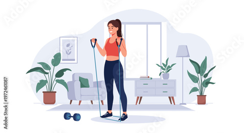 Fit young woman performs a full body workout using blue resistance bands in her modern and bright living room today.