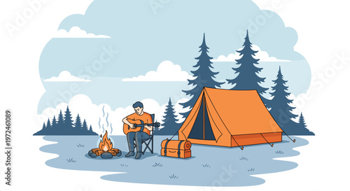 Man plays acoustic guitar by a cozy campfire next to an orange tent in a peaceful pine forest under a cloudy blue sky.