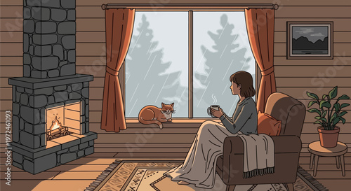 Cozy living room with woman and cat on rainy day