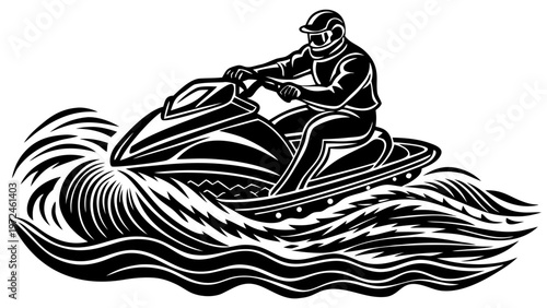 Linocut Style Man Riding Water Jet Ski Black and White Vector Illustration