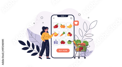 Happy young woman selects fresh fruits and vegetables on her smartphone app while standing next to a shopping cart.