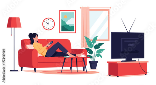 Young woman relaxes comfortably on a red sofa in her cozy living room while using a remote control to watch shows.