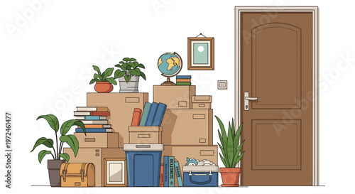 Pile of cardboard moving boxes and household items stacked near a closed wooden door ready for relocation to home.